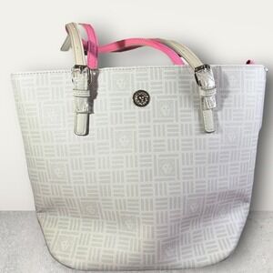 Anne Klein Lily Tote‎ Bag White Geometric Print Pink Accent Shoulder Handbag